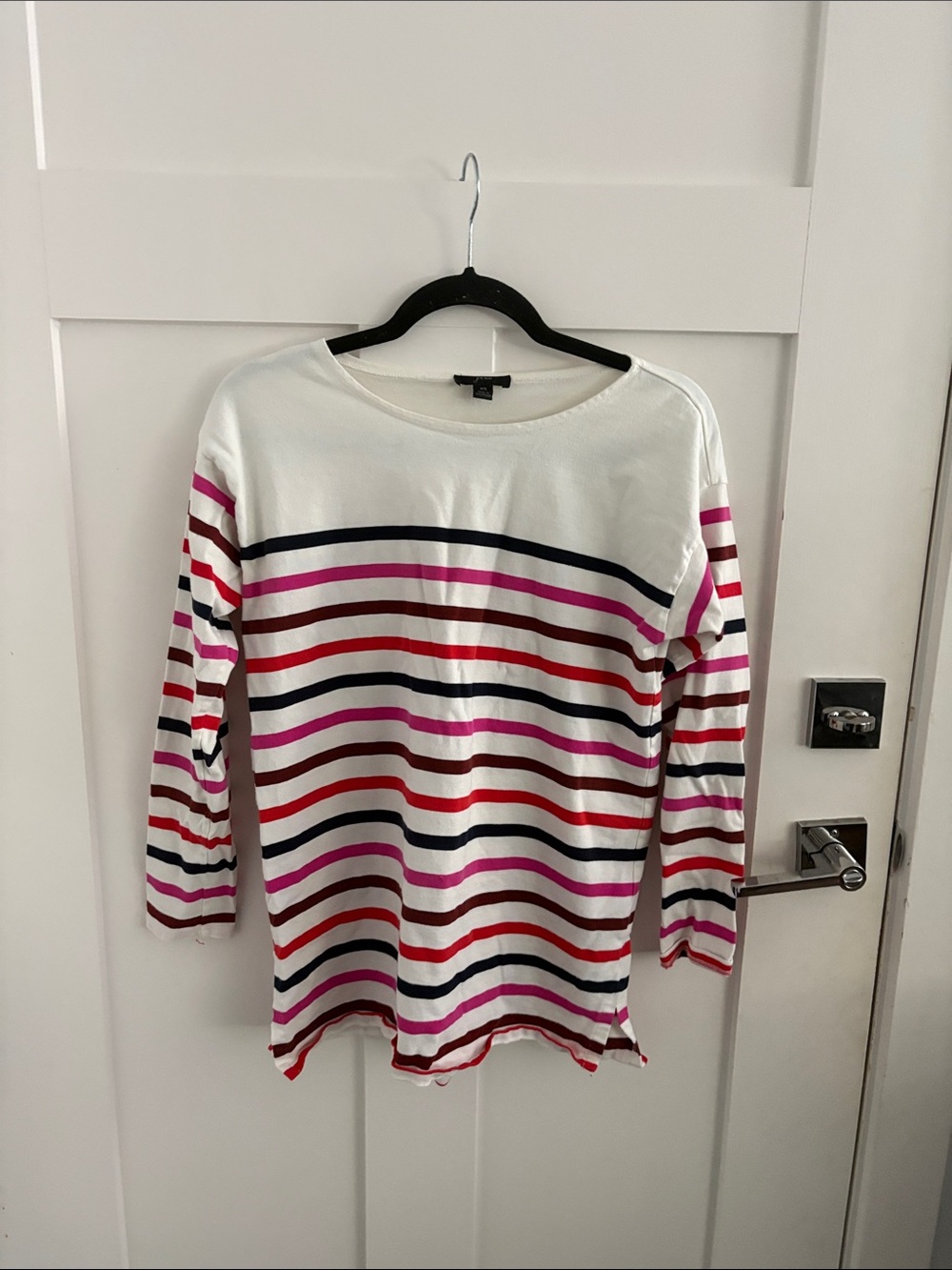 J. Crew White Boatneck Long Sleeve Top with Pink, Red & Navy Stripes